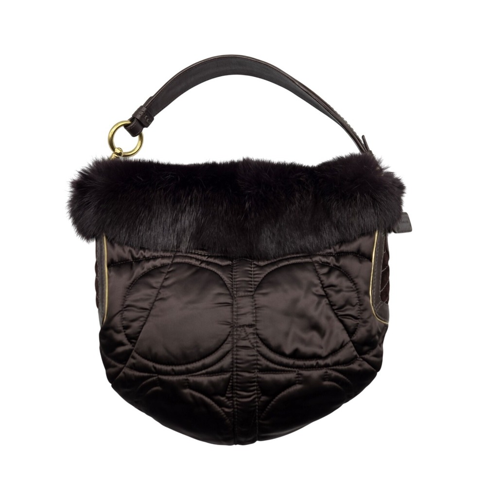 Coach Black Quilted Satchel Shoulder Bag‎ Fur Trim Designer Purse
